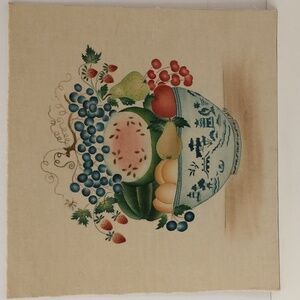 Vintage Theorem Painting on Velvet Asian Bowl Lively Fruit & Eggs 80s Folk Art